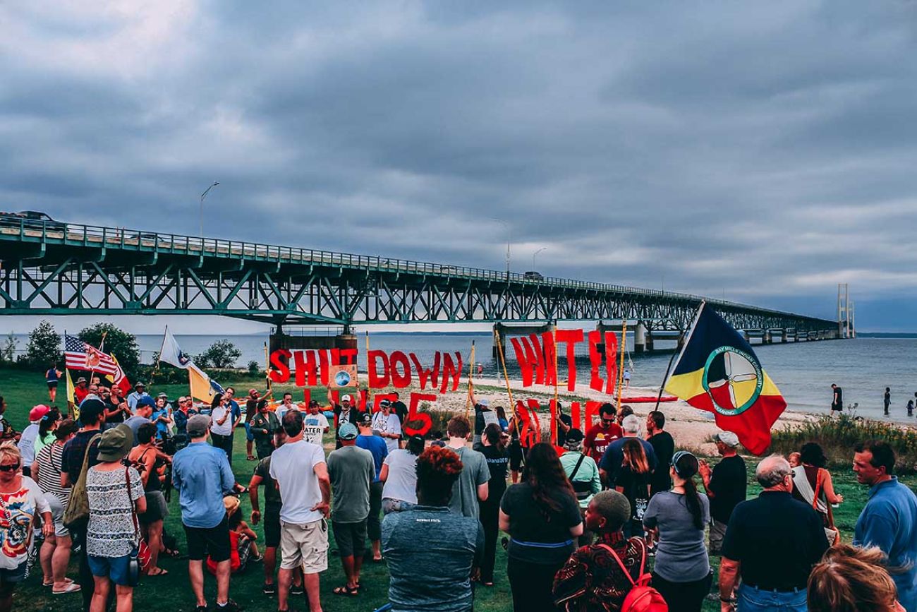 Demonstrators gather in Mackinaw City for a protest against the Line 5 pipeline