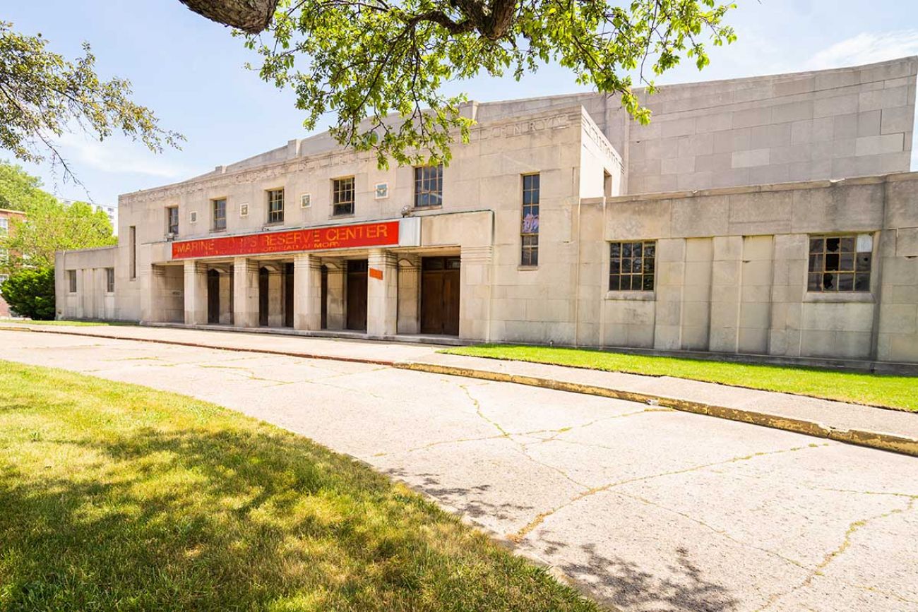 The current front of the Brodhead Naval Armory near the riverfront, just east of MacArthur Bridge that leads to Belle Isle