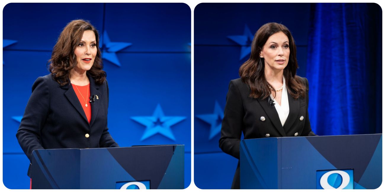 side by side photo of gretchen whitmer and tudor dixon