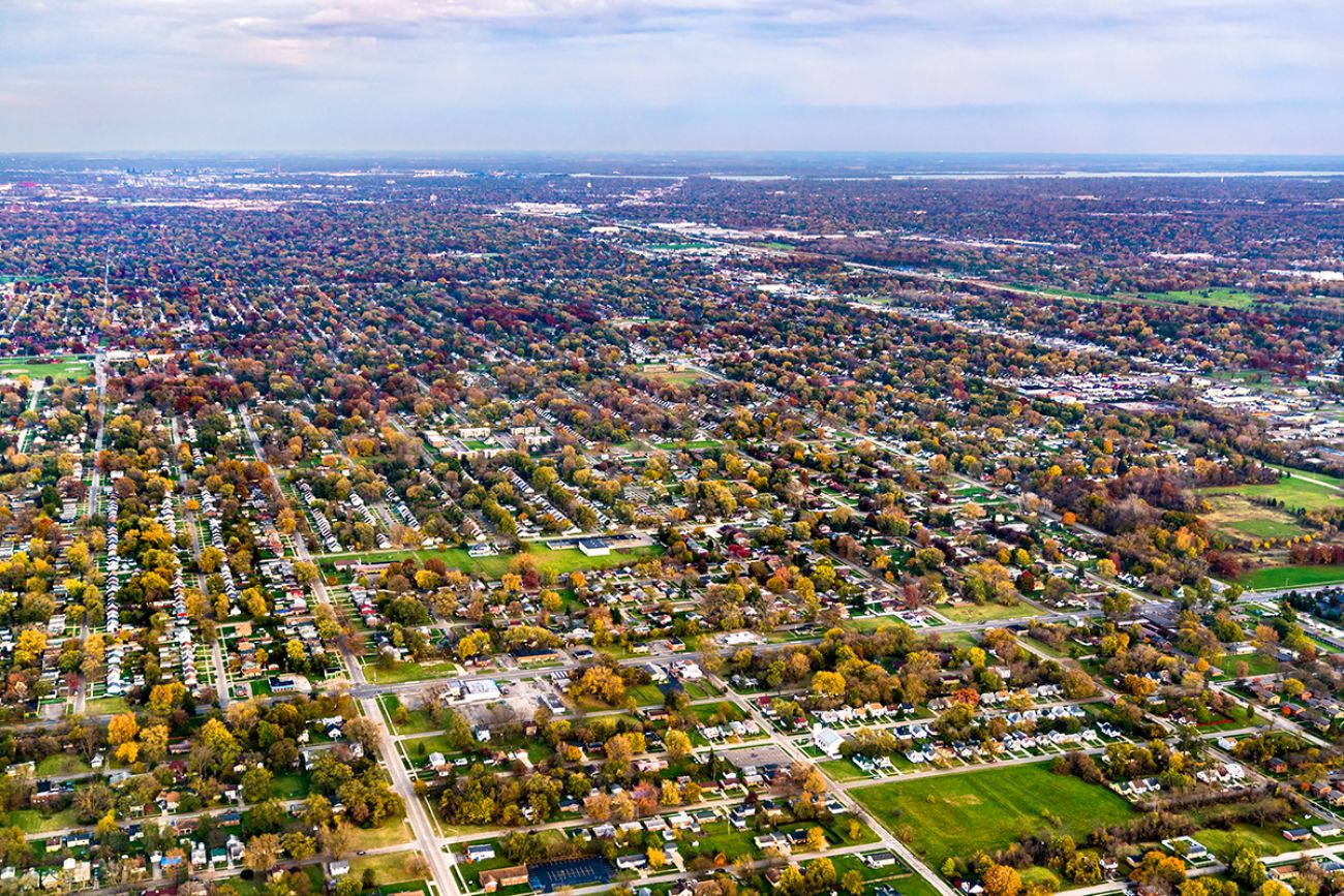 aerial of a suburban area near Detroit 