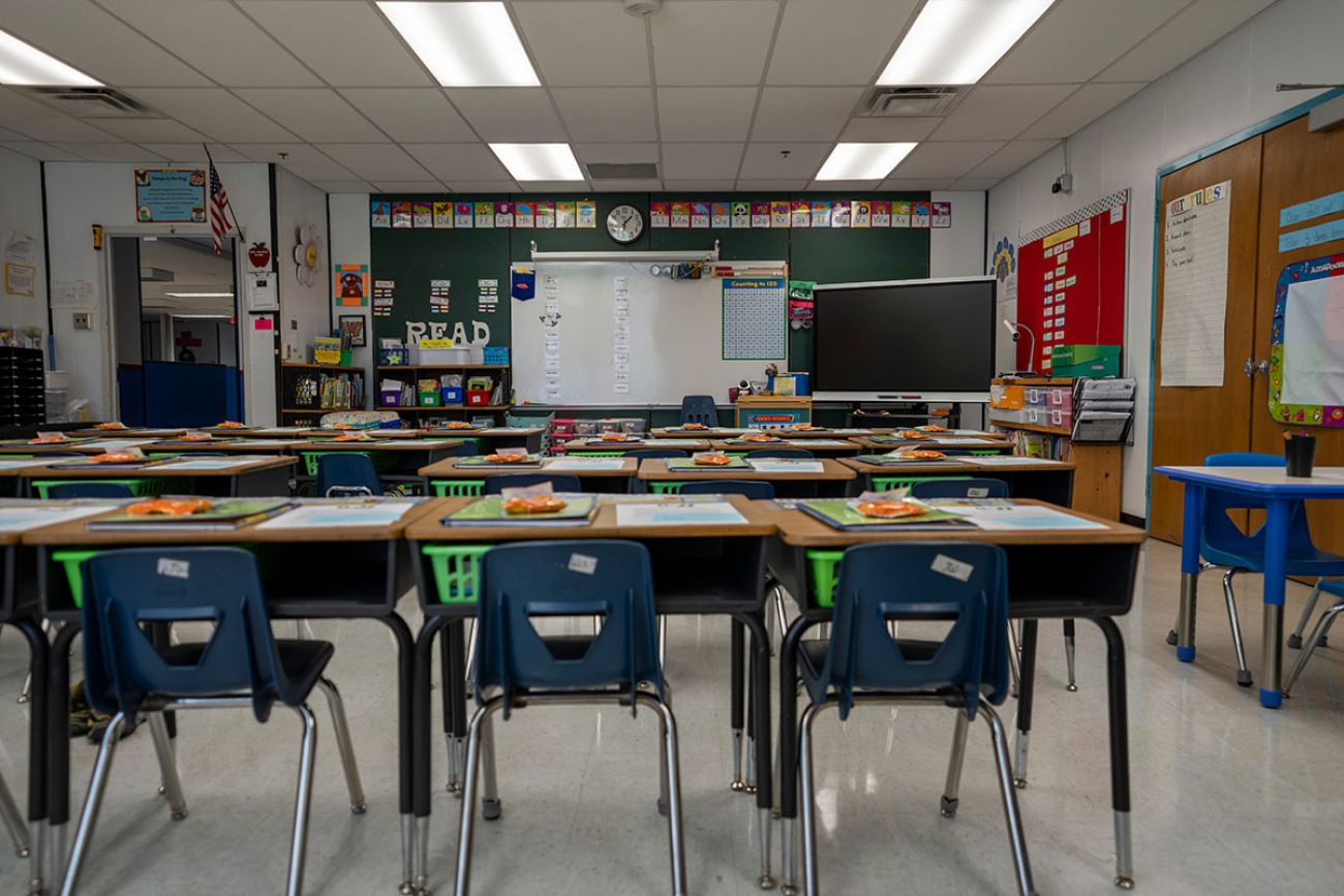 Wide angle view of empty elementary school classroom 