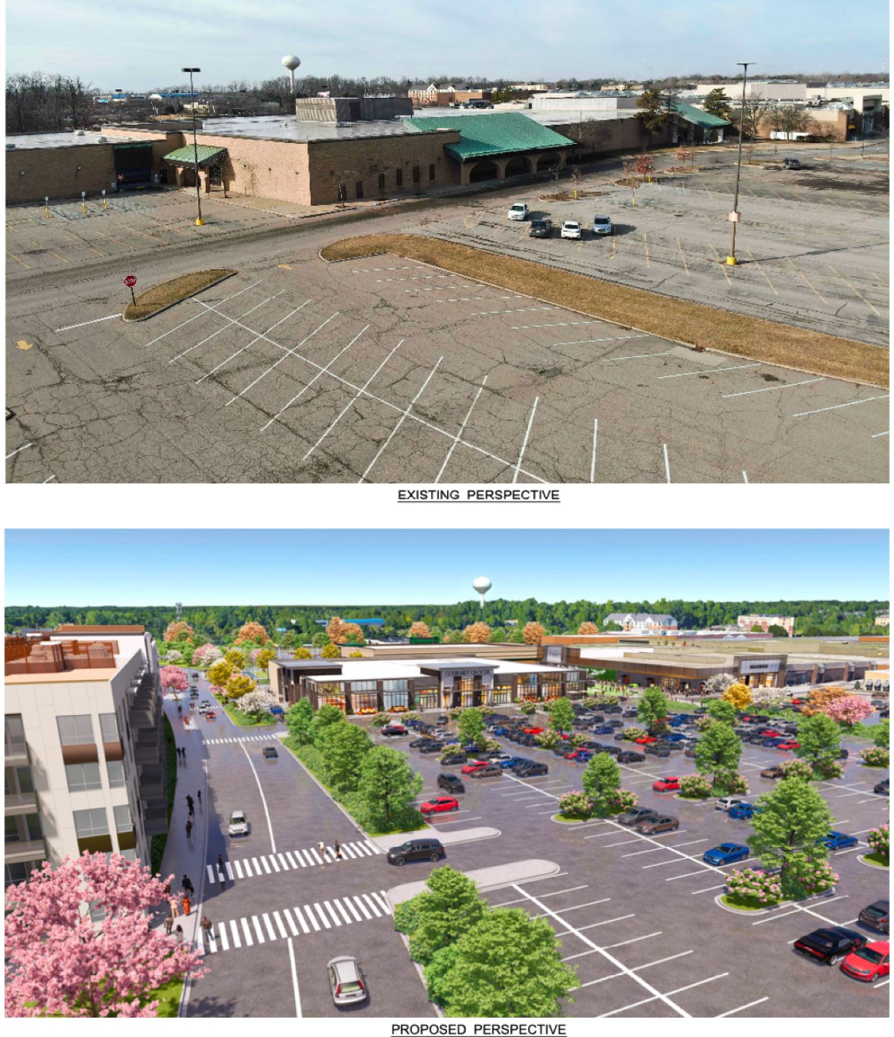 Side by side of existing perspective and rendering plans.