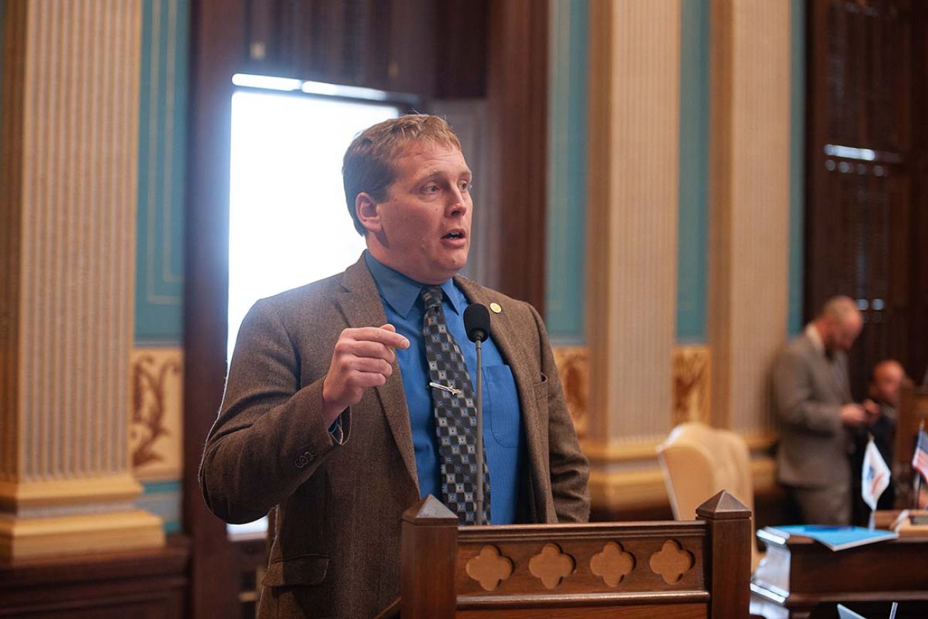 State Sen. Ed McBroom, R-Vulcan, speaking into microphone