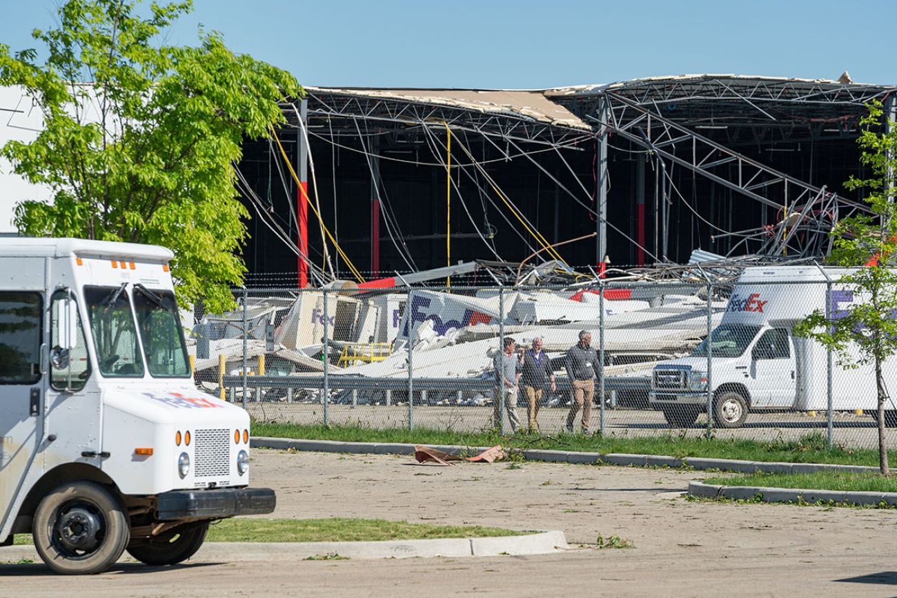 FedEx facility; a wall of building is completely missing