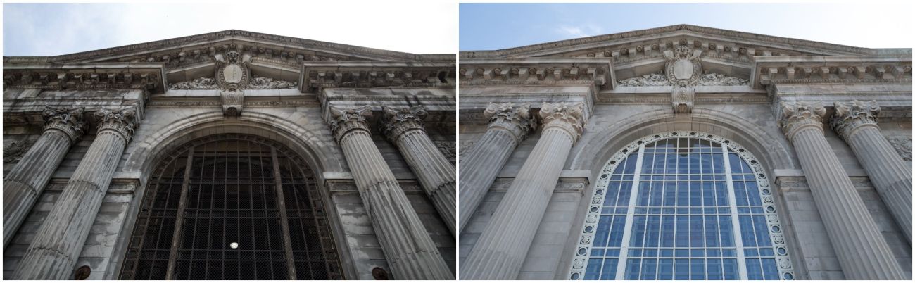 three-story Beaux-Arts building. on the left the building looks dirty. on the right, the building is brighter and restored