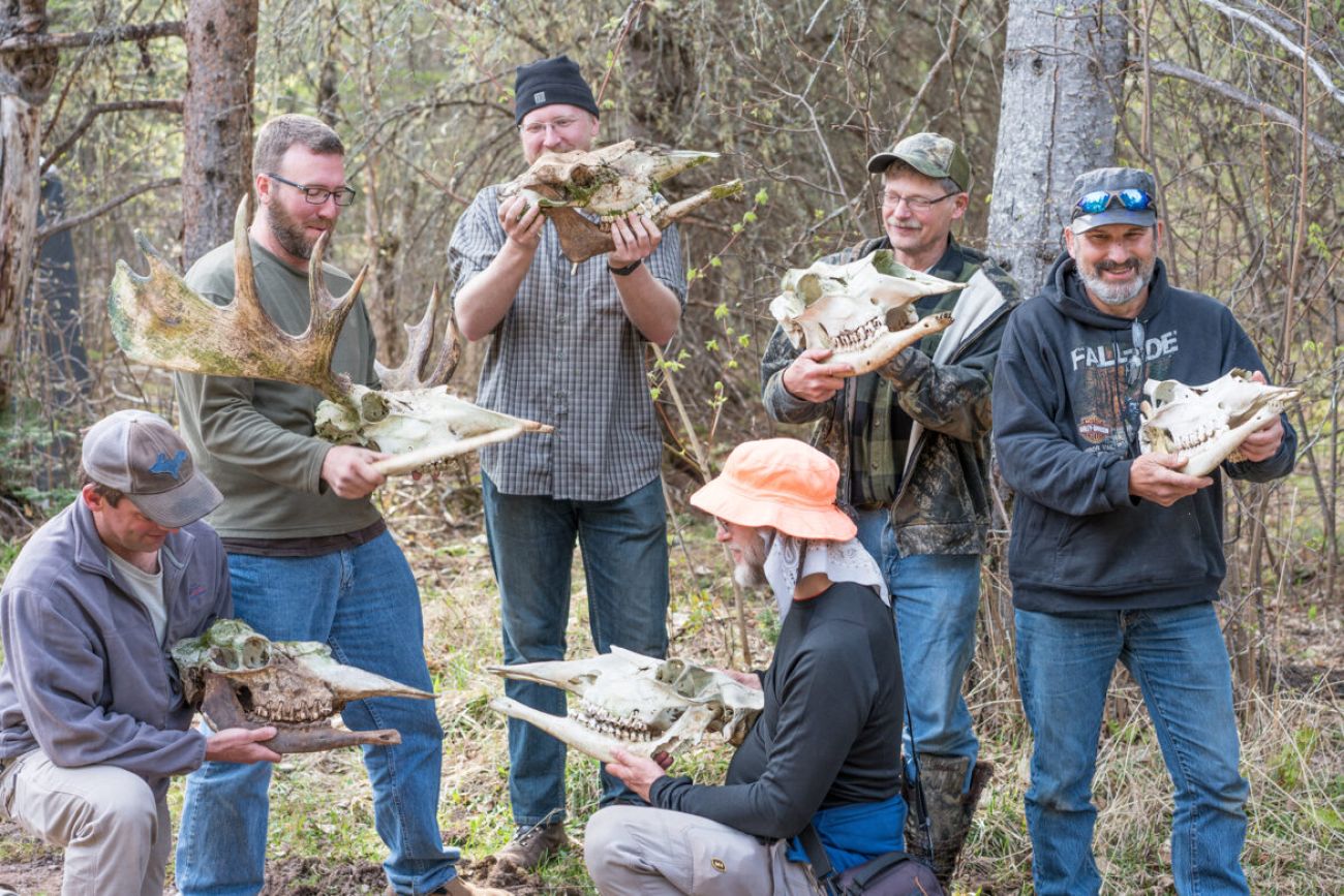 People outside holding moose skulls