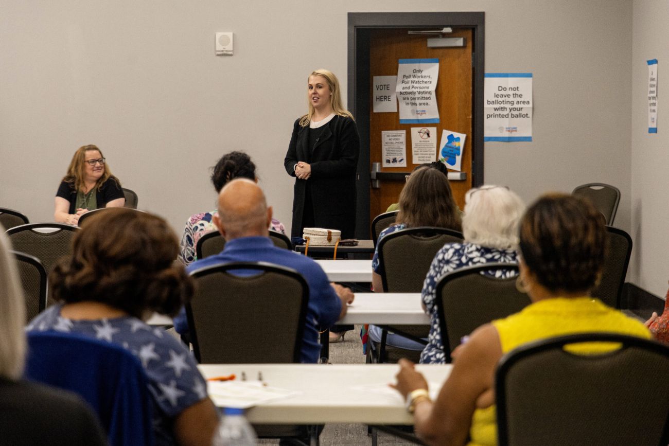 Cobb County Elections Director Tate Fall talking to a room full of people