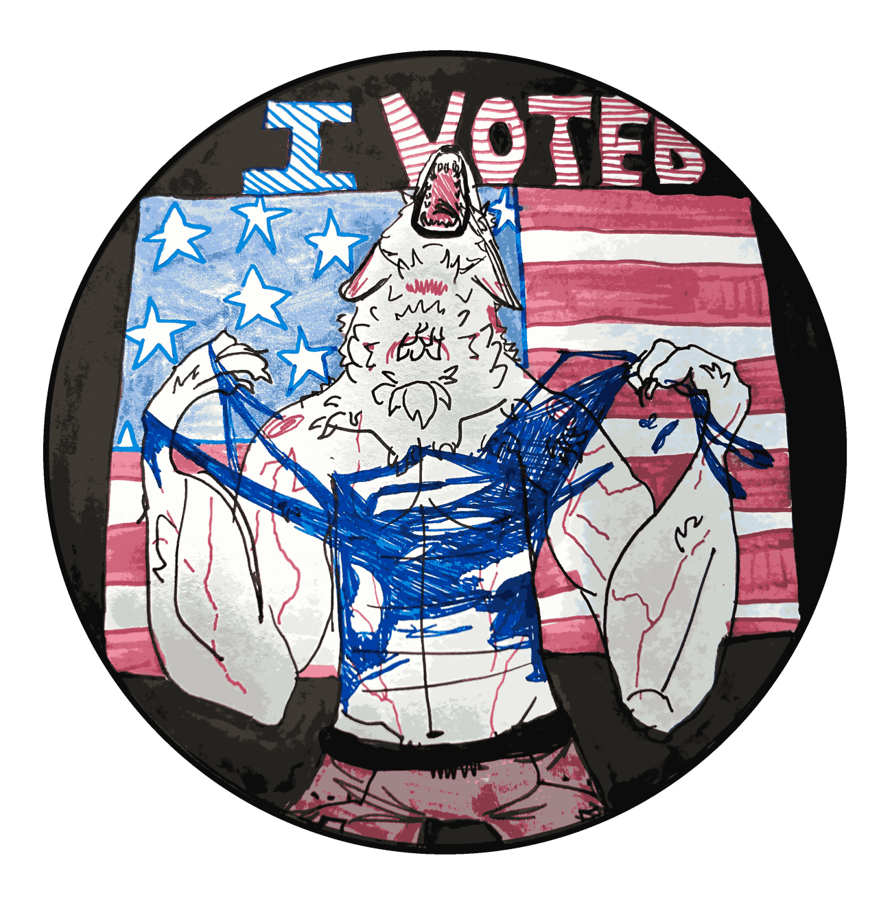 The sticker has a werewolf tearing its shirt. There's an American flag in the back. On top says "I Voted"