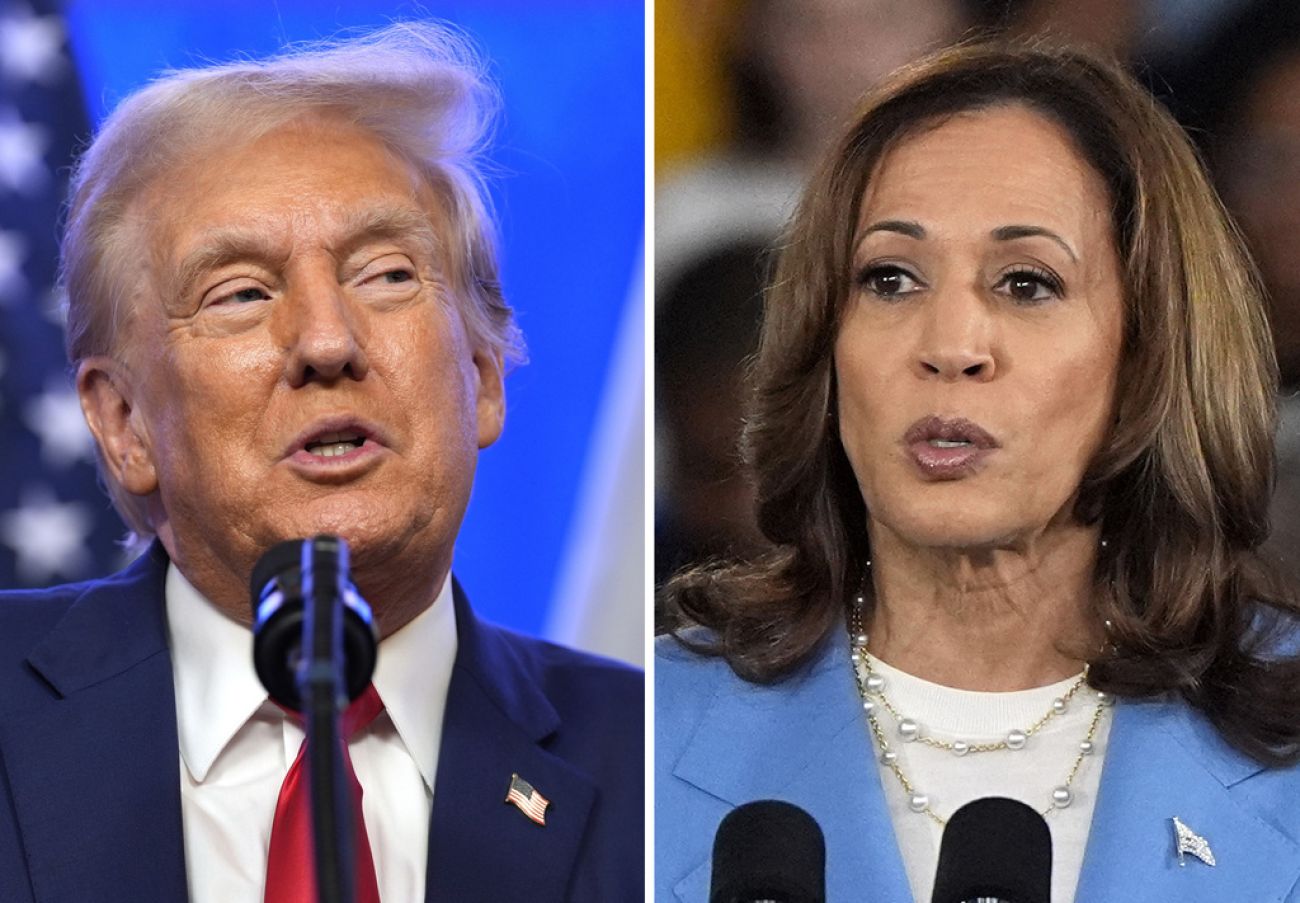 Donald Trump on the left and Kamala Harris on the right