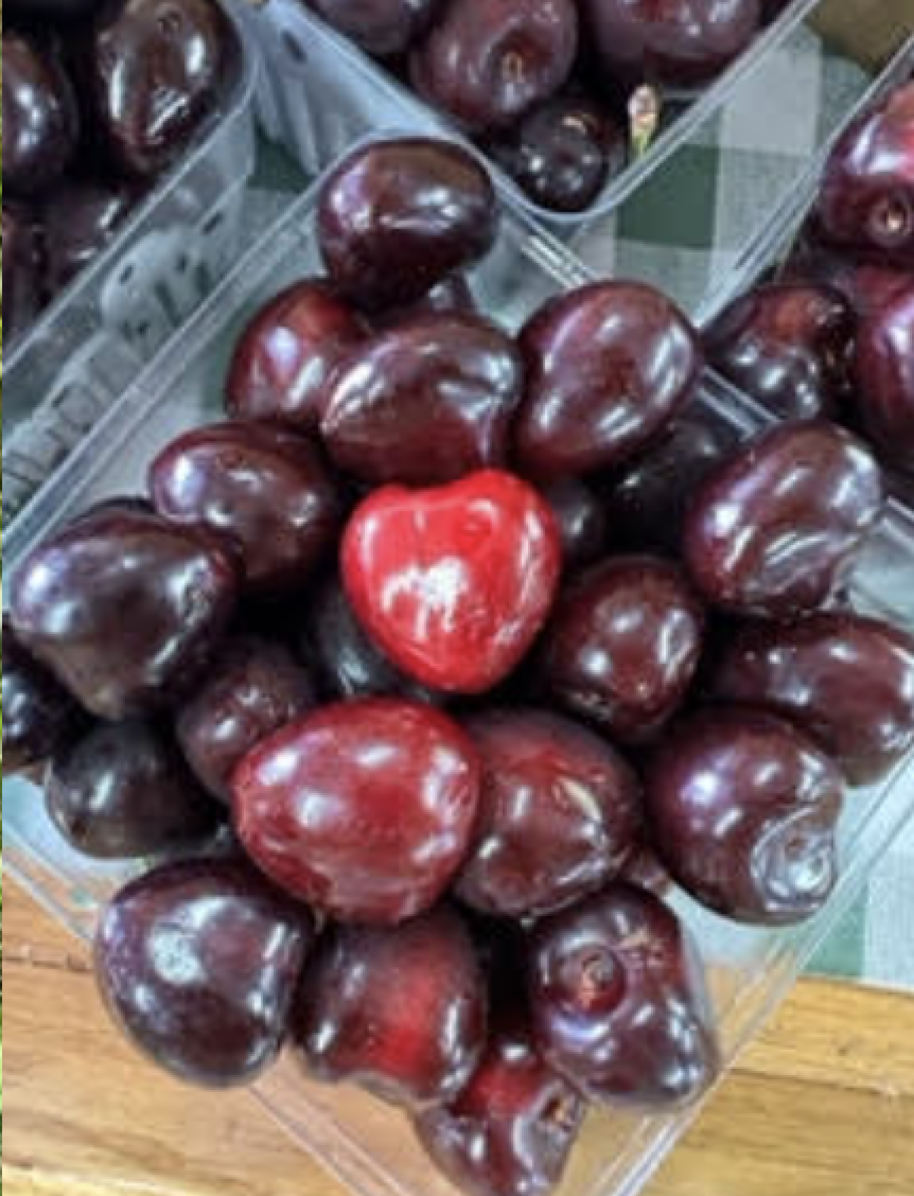 A bunch of cherries in a container 