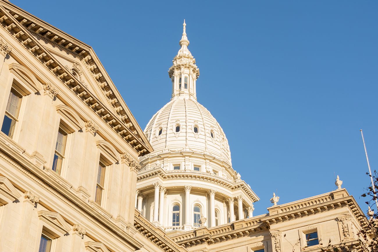 Late fall at the Michigan State Capitol building in Lansing, Michigan.