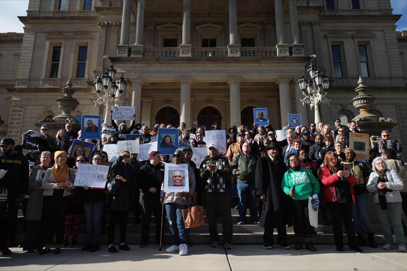 Proponents of “second look” standing in front of the Michigan Capitol building