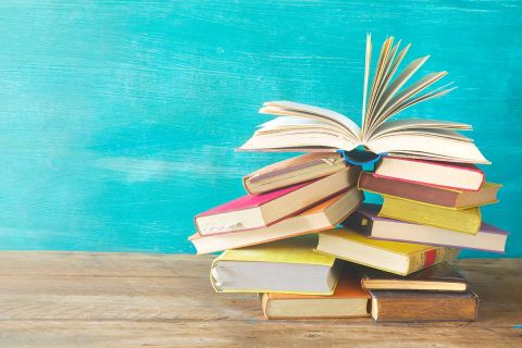 books in front of a chalkboard