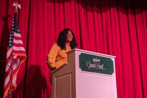 Kristina Karamo at a podium 