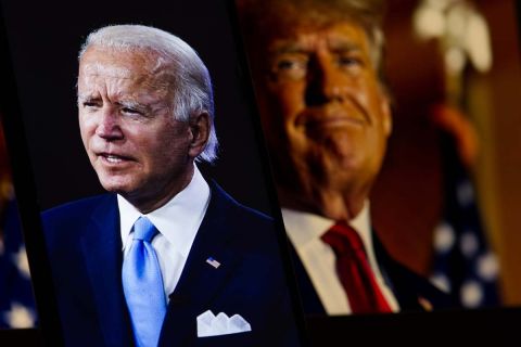 Joe Biden is sharp in the foreground, while Republican candidate Donald Trump is blurred in the background