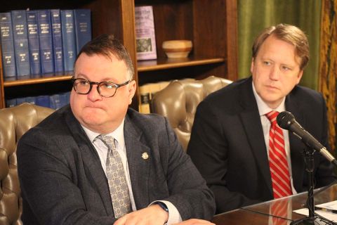 House Minority Leader Matt Hall, R-Richland Township, and Senate Minority Leader Aric Nesbitt, R-Porter Township, sit down at a table