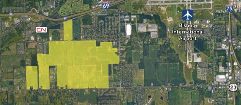 A shot of an aerial map. In yellow shows where Flint-area megasite is expected to built