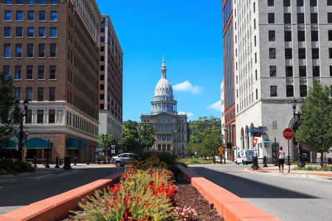 a street view of the Michigan State Capitol