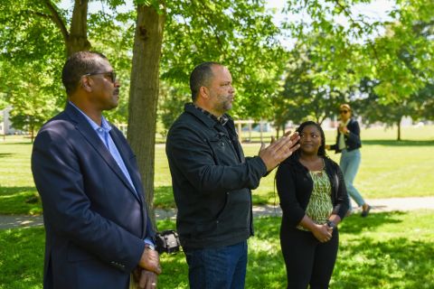 USDA Under Secretary Homer Wilkes, The Sierra Club Executive Director Ben Jealous, and Sierra Club Michigan Chapter Director Elayne Coleman are standing outside next to each other