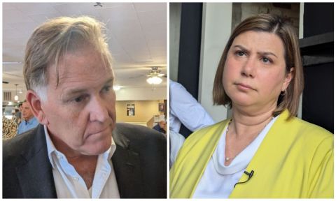 Republican Mike Rogers on the left and Democrat Elissa Slotkin on the right