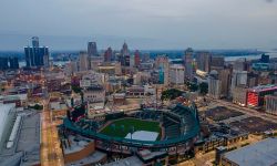 a view of detroit from the sky at night