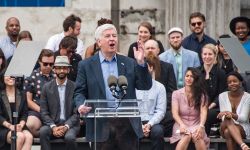 Rick Snyder at the groundbreaking ceremony for the renovation of Michigan Central station in 2018