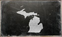 drawing of the state of michigan on chalkboard, drawn by chalk