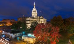 Lansing, Michigan at the Michigan State Capitol during the evening.