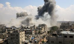 Smoke rises after Israeli air strikes of the city of Rafah in the southern Gaza Strip, October 10, 2023.