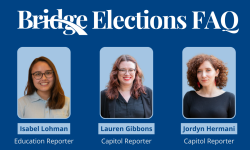 Women's headshots under graphic saying "Bridge Elections FAQ"