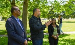 USDA Under Secretary Homer Wilkes, The Sierra Club Executive Director Ben Jealous, and Sierra Club Michigan Chapter Director Elayne Coleman are standing outside next to each other