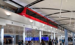 View of the McNamara Terminal and Delta Express Tram at Detroit Metropolitan Wayne County Airport, in Romulus, Michigan