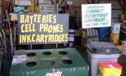 A green bin to recycle batteries, cell phones and ink cartridges