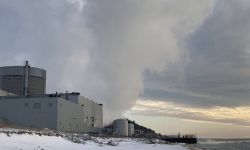 Outside view of the Palisades nuclear power plant on a snowy day