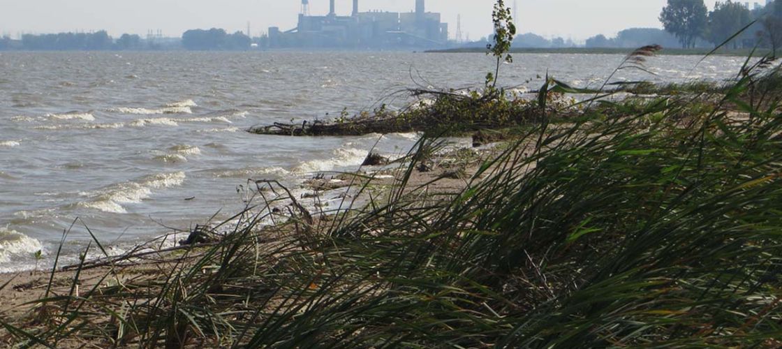 A beach with a power plant in the background